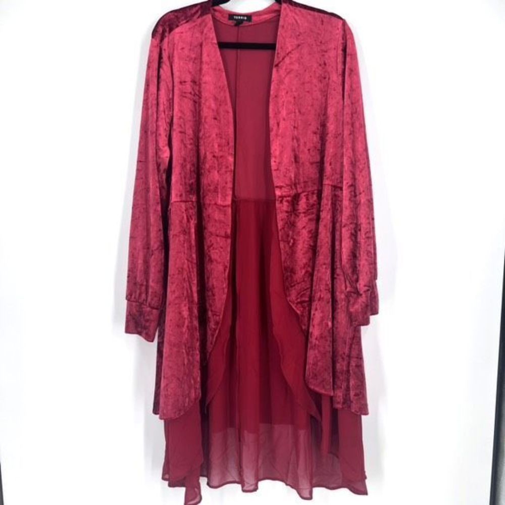 Torrid Berry Red Velvet with Chiffon Trim Ruffle Kimono Jacket Size 2X